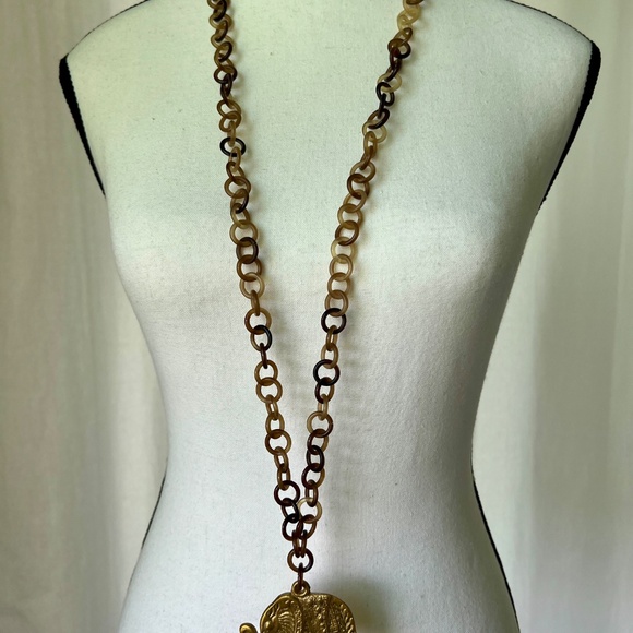 Buffalo Horn Link Necklace with Brass Elephant Pendant 40” Extra Long - Picture 2 of 8